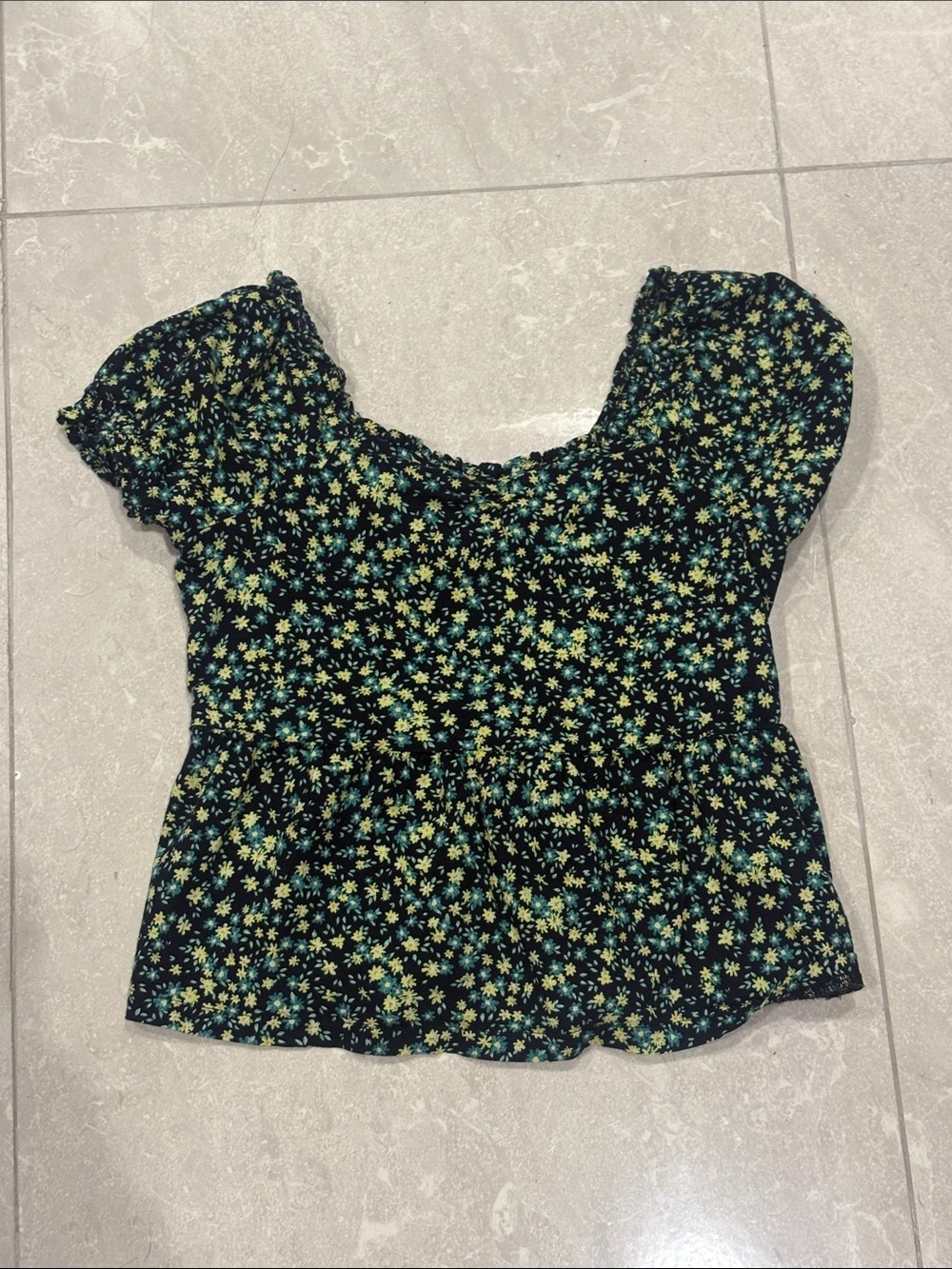 Old Navy Black Floral Smocked Peplum Top with Yellow & Teal Flowers